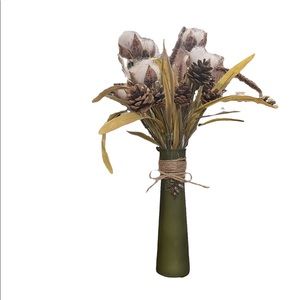 Frosted Glass Vase with twine & hanging leaf and faux cotton and pinecone stems